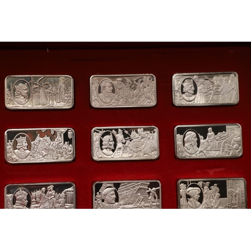 97 - AN ELIZABETH II CASED SET OF FIFTY COMMEMORATIVE SILVER INGOTS. of rectangular form, each depicting ... 