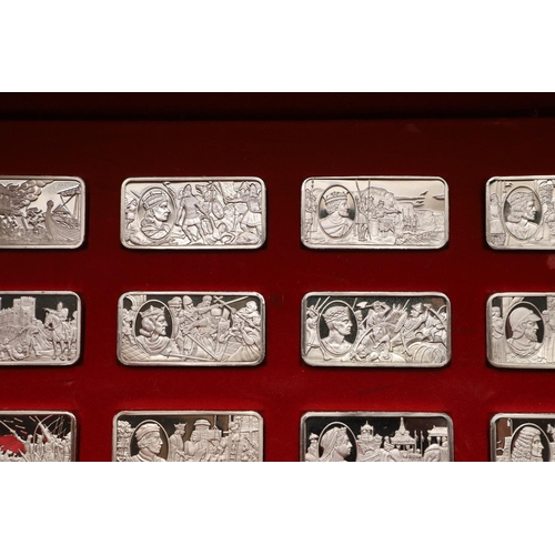 97 - AN ELIZABETH II CASED SET OF FIFTY COMMEMORATIVE SILVER INGOTS. of rectangular form, each depicting ... 