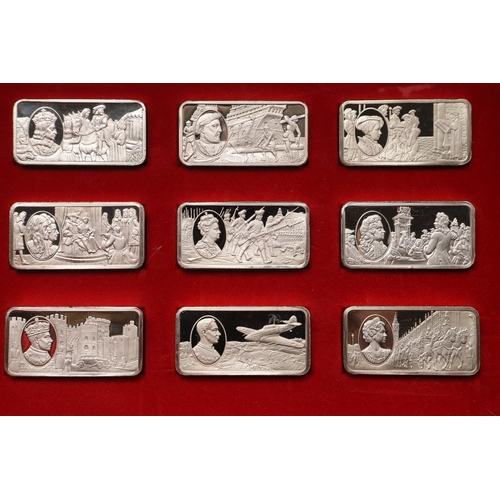 97 - AN ELIZABETH II CASED SET OF FIFTY COMMEMORATIVE SILVER INGOTS. of rectangular form, each depicting ... 