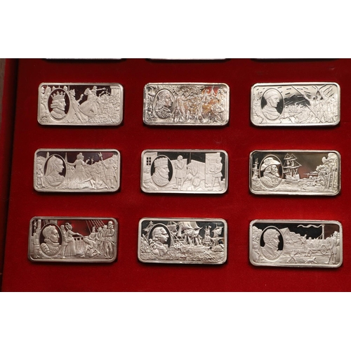 97 - AN ELIZABETH II CASED SET OF FIFTY COMMEMORATIVE SILVER INGOTS. of rectangular form, each depicting ... 