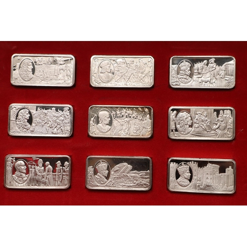 97 - AN ELIZABETH II CASED SET OF FIFTY COMMEMORATIVE SILVER INGOTS. of rectangular form, each depicting ... 