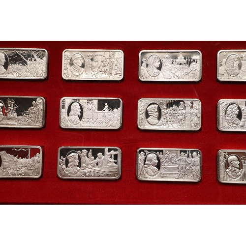 97 - AN ELIZABETH II CASED SET OF FIFTY COMMEMORATIVE SILVER INGOTS. of rectangular form, each depicting ... 