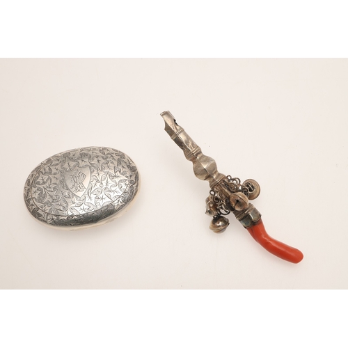 88 - A MIXED LOT OF SILVER. to include a baby rattle with a coral teether, three pin cushions (hedgehog, ... 