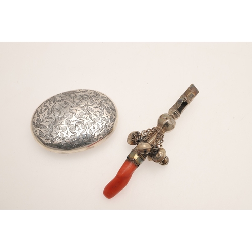 88 - A MIXED LOT OF SILVER. to include a baby rattle with a coral teether, three pin cushions (hedgehog, ... 