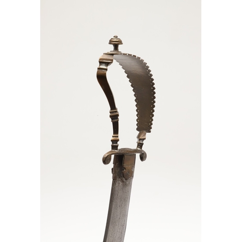 107 - A 19TH CENTURY INDIAN KNIFE WITH OPEN HANDLE. The 23 cm serpentine blade with a pointed tip and doub... 