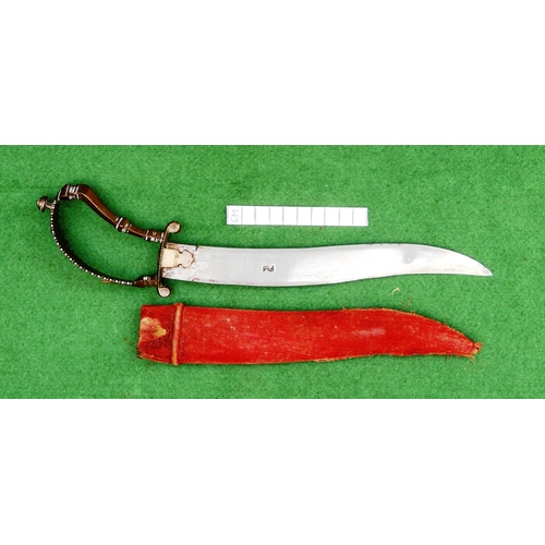 107 - A 19TH CENTURY INDIAN KNIFE WITH OPEN HANDLE. The 23 cm serpentine blade with a pointed tip and doub... 