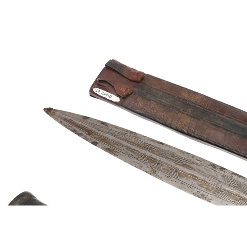 108 - A NEAR IDENTICAL PAIR OF SUDANESE KNIVES AND SCABBARDS. The two blades 32 cm and 30 cm, with curved ... 