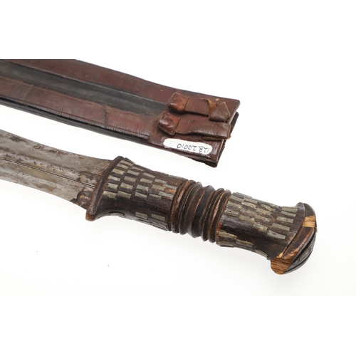 108 - A NEAR IDENTICAL PAIR OF SUDANESE KNIVES AND SCABBARDS. The two blades 32 cm and 30 cm, with curved ... 