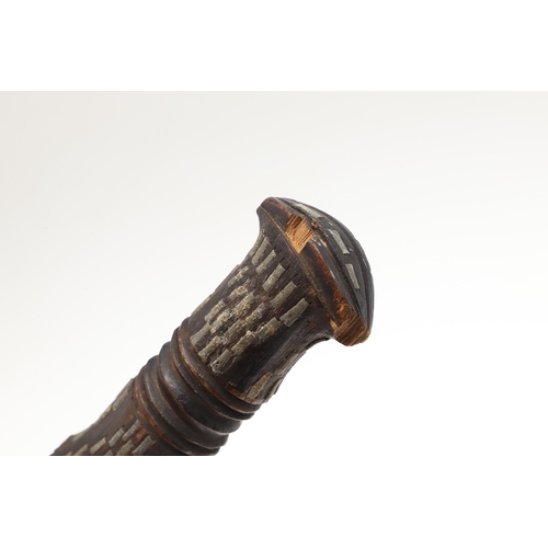 108 - A NEAR IDENTICAL PAIR OF SUDANESE KNIVES AND SCABBARDS. The two blades 32 cm and 30 cm, with curved ... 