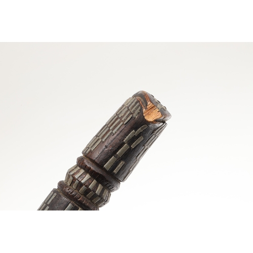 108 - A NEAR IDENTICAL PAIR OF SUDANESE KNIVES AND SCABBARDS. The two blades 32 cm and 30 cm, with curved ... 