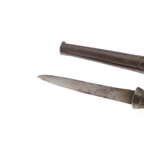 113 - A SHORT BLADED TIBETAN KNIFE AND SCABBARD. The 14.5 cm straight pointed blade with a sharpened edge.... 