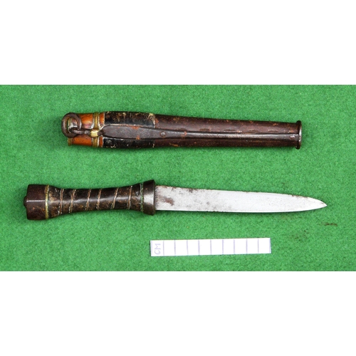 113 - A SHORT BLADED TIBETAN KNIFE AND SCABBARD. The 14.5 cm straight pointed blade with a sharpened edge.... 