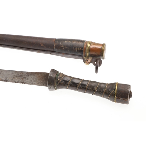 113 - A SHORT BLADED TIBETAN KNIFE AND SCABBARD. The 14.5 cm straight pointed blade with a sharpened edge.... 