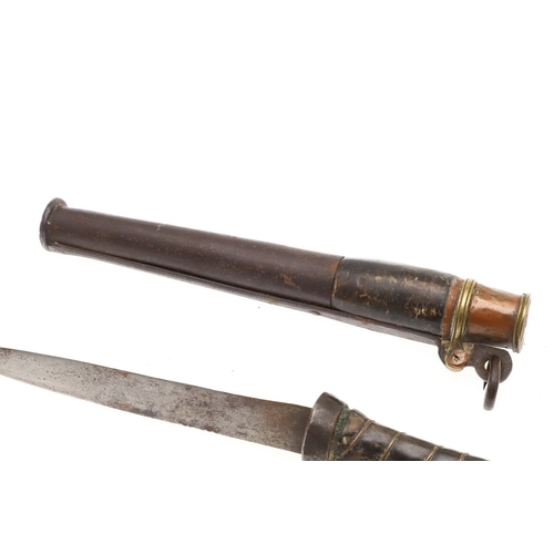 113 - A SHORT BLADED TIBETAN KNIFE AND SCABBARD. The 14.5 cm straight pointed blade with a sharpened edge.... 