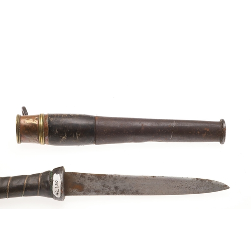 113 - A SHORT BLADED TIBETAN KNIFE AND SCABBARD. The 14.5 cm straight pointed blade with a sharpened edge.... 