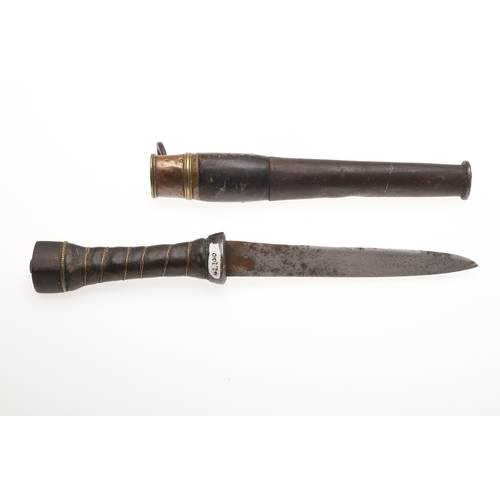 113 - A SHORT BLADED TIBETAN KNIFE AND SCABBARD. The 14.5 cm straight pointed blade with a sharpened edge.... 