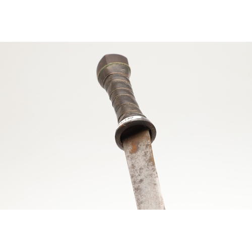 113 - A SHORT BLADED TIBETAN KNIFE AND SCABBARD. The 14.5 cm straight pointed blade with a sharpened edge.... 