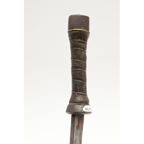 113 - A SHORT BLADED TIBETAN KNIFE AND SCABBARD. The 14.5 cm straight pointed blade with a sharpened edge.... 