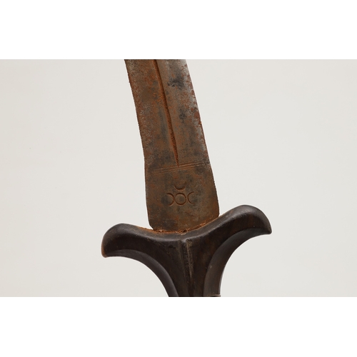 118 - A BEDJA ERITREAN KNIFE WITH X FORM HANDLE. The 20 cm hooked blade with a pointed tip sharpened to bo... 