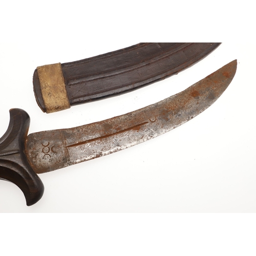 118 - A BEDJA ERITREAN KNIFE WITH X FORM HANDLE. The 20 cm hooked blade with a pointed tip sharpened to bo... 