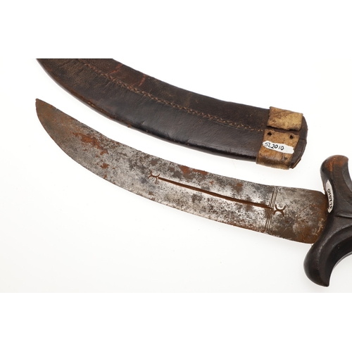 118 - A BEDJA ERITREAN KNIFE WITH X FORM HANDLE. The 20 cm hooked blade with a pointed tip sharpened to bo... 