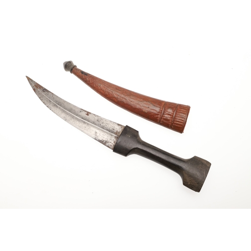 139 - A DAGGER AND SCABBARD, POSSIBLY MARSH ARAB. The short 14 cm curved, pointed and double edged blade w... 