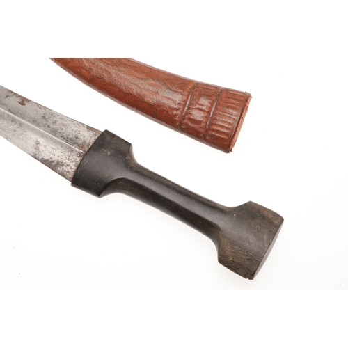 139 - A DAGGER AND SCABBARD, POSSIBLY MARSH ARAB. The short 14 cm curved, pointed and double edged blade w... 