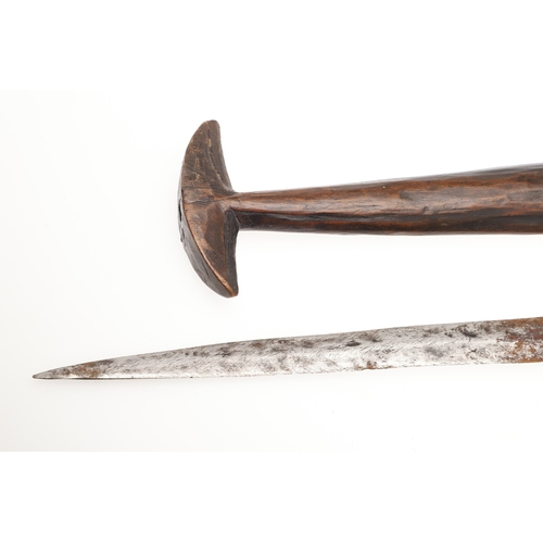146 - AN AMBO OR OVAMBO KNIFE AND SCABBARD, NORTHERN NAMIBIA. The 19.5 cm straight, pointed blade with a c... 