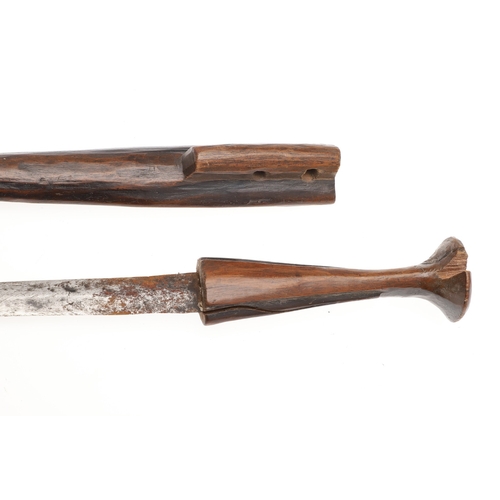 146 - AN AMBO OR OVAMBO KNIFE AND SCABBARD, NORTHERN NAMIBIA. The 19.5 cm straight, pointed blade with a c... 