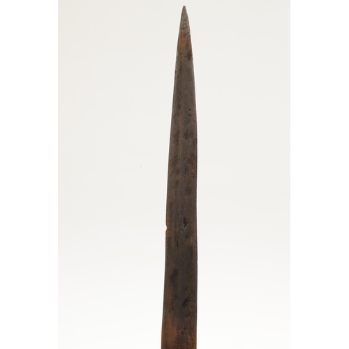 146 - AN AMBO OR OVAMBO KNIFE AND SCABBARD, NORTHERN NAMIBIA. The 19.5 cm straight, pointed blade with a c... 