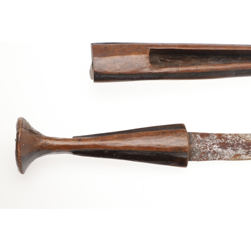 146 - AN AMBO OR OVAMBO KNIFE AND SCABBARD, NORTHERN NAMIBIA. The 19.5 cm straight, pointed blade with a c... 