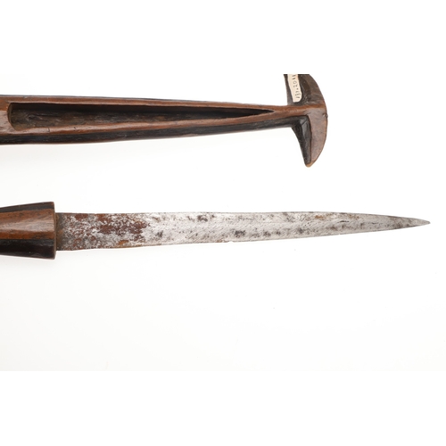 146 - AN AMBO OR OVAMBO KNIFE AND SCABBARD, NORTHERN NAMIBIA. The 19.5 cm straight, pointed blade with a c... 