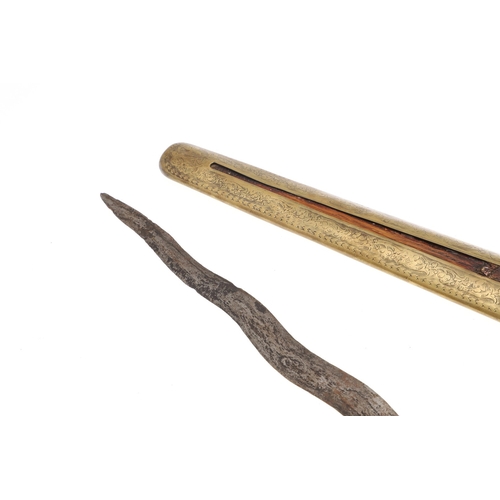 38 - A 19TH CENTURY 'JEWEL' MOUNTED JAVANESE KRIS AND SCABBARD. The 35.5 cm blade with eight curves and p... 