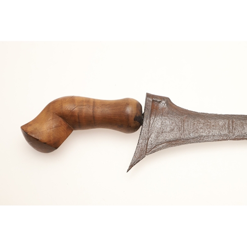 41 - A MALAYSIAN KRIS AND PART SCABBARD. The 33.5 cm straight edged pointed blade with low pamor, on a si... 