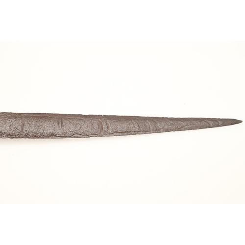 41 - A MALAYSIAN KRIS AND PART SCABBARD. The 33.5 cm straight edged pointed blade with low pamor, on a si... 