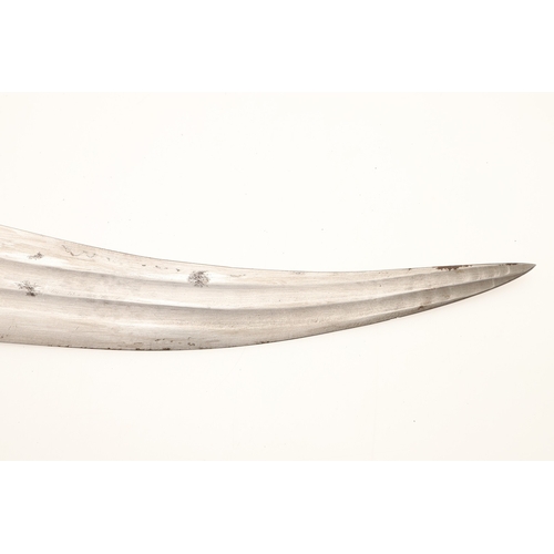 64 - A FINE LONG BLADED JANBIYYA AND SCABBARD. A Janbiyya having a 37 cm curved blade with shallow fuller... 