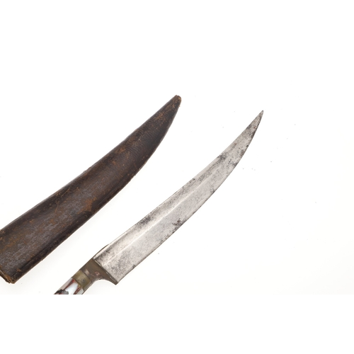 74 - AN INDIAN OR AFGHAN CHURRA KNIFE WITH JADEITE GRIP. The 12 cm gently curved, pointed blade with a sh... 