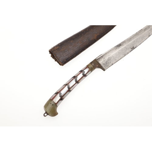 74 - AN INDIAN OR AFGHAN CHURRA KNIFE WITH JADEITE GRIP. The 12 cm gently curved, pointed blade with a sh... 