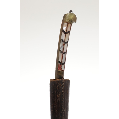 74 - AN INDIAN OR AFGHAN CHURRA KNIFE WITH JADEITE GRIP. The 12 cm gently curved, pointed blade with a sh... 