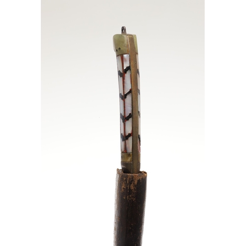 74 - AN INDIAN OR AFGHAN CHURRA KNIFE WITH JADEITE GRIP. The 12 cm gently curved, pointed blade with a sh... 