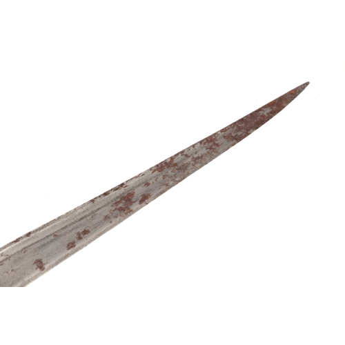 75 - A LONG BLADED KHYBER KNIFE WITH WOODEN GRIP. The 35 cm long tapering pointed, T section blade with a... 