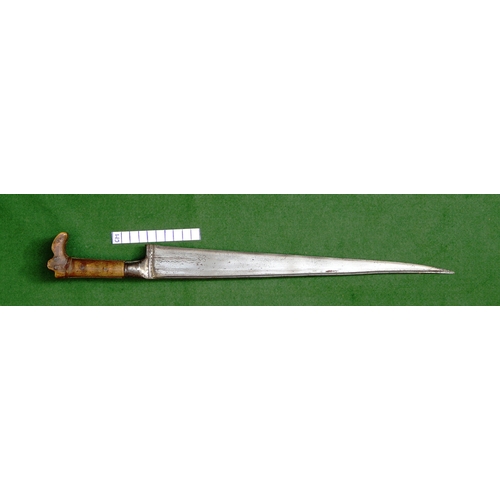 75 - A LONG BLADED KHYBER KNIFE WITH WOODEN GRIP. The 35 cm long tapering pointed, T section blade with a... 