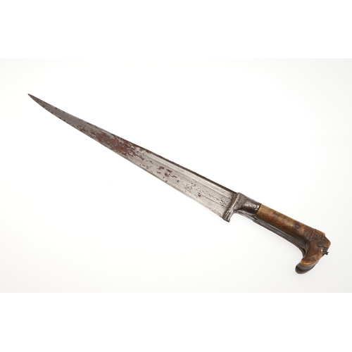 75 - A LONG BLADED KHYBER KNIFE WITH WOODEN GRIP. The 35 cm long tapering pointed, T section blade with a... 