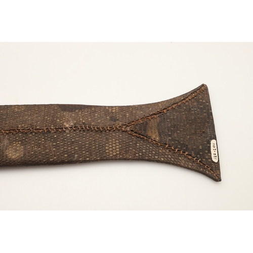 91 - A FANG KNIFE AND SCABBARD. A knife with a 40 cm pointed, spear shaped blade with central ridge, twin... 