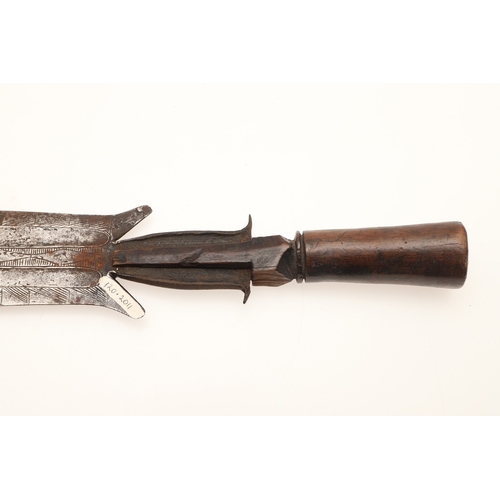 91 - A FANG KNIFE AND SCABBARD. A knife with a 40 cm pointed, spear shaped blade with central ridge, twin... 