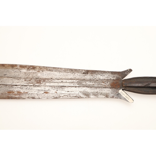 91 - A FANG KNIFE AND SCABBARD. A knife with a 40 cm pointed, spear shaped blade with central ridge, twin... 