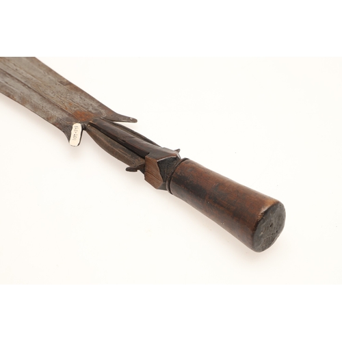 91 - A FANG KNIFE AND SCABBARD. A knife with a 40 cm pointed, spear shaped blade with central ridge, twin... 