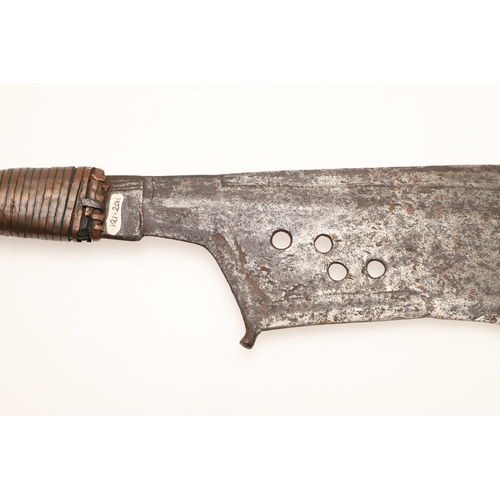 92 - A TROMBASH THROWING KNIFE OF THE MANGEBUTI PEOPLE. The blade 27 x 19 cm of a pronounced hook form, w... 
