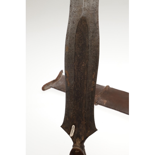 99 - A SALAMPASU KNIFE AND SCABBARD FROM SOUTHERN ZAIRE. The 45 cm blade of irregular outline with pointe... 