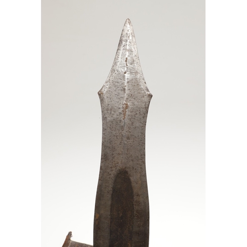 99 - A SALAMPASU KNIFE AND SCABBARD FROM SOUTHERN ZAIRE. The 45 cm blade of irregular outline with pointe... 